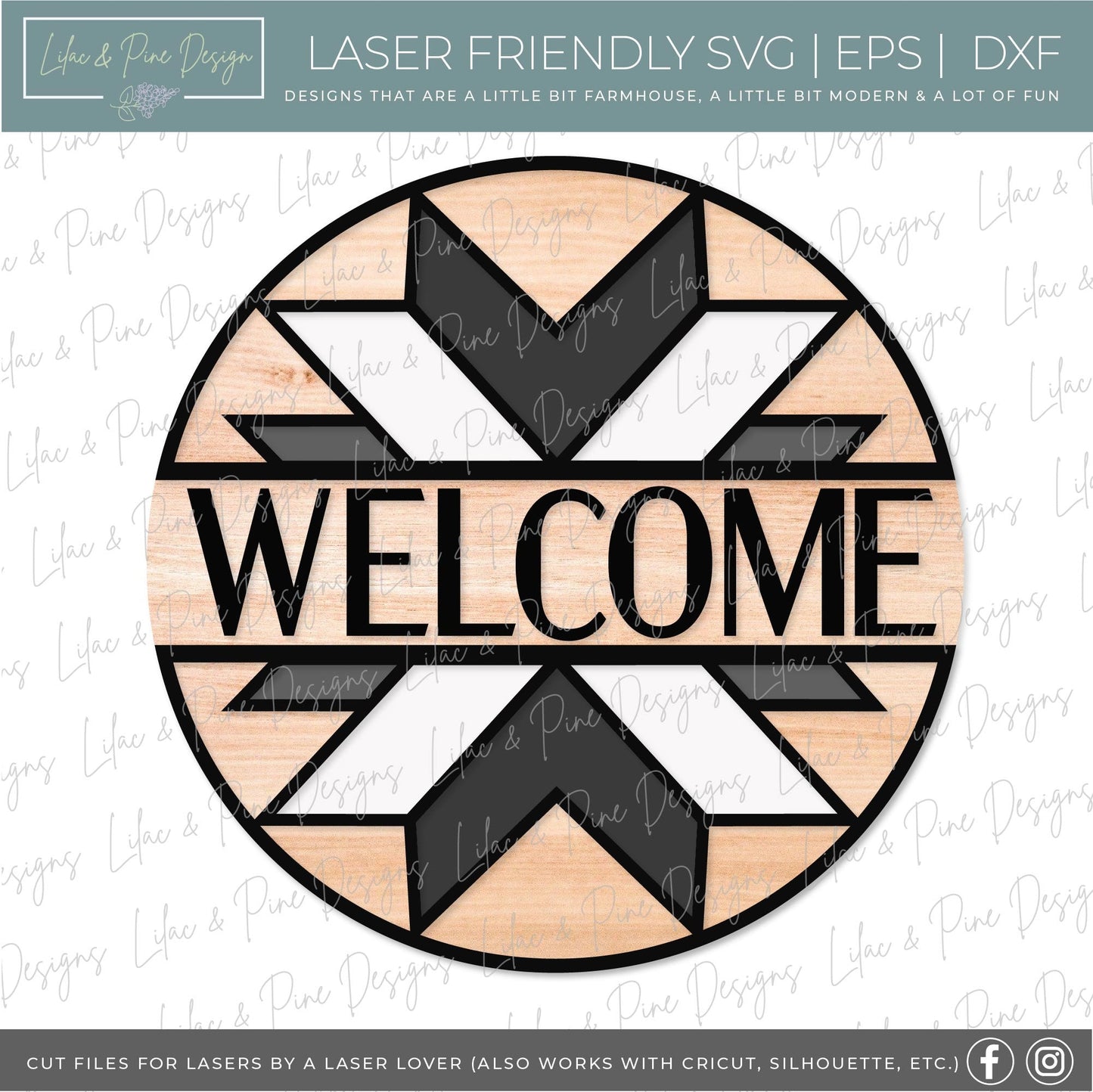 Welcome stained glass quilt round, quilt lover SVG, Welcome SVG, front door decor, round wood sign, name sign, Glowforge Svg, laser cut file