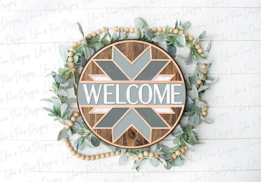 Welcome stained glass quilt round, quilt lover SVG, Welcome SVG, front door decor, round wood sign, name sign, Glowforge Svg, laser cut file