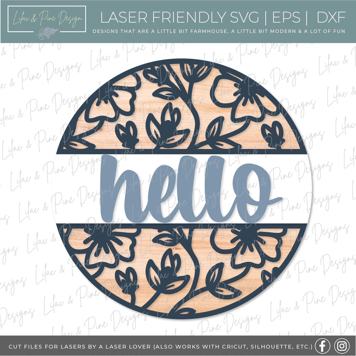 Hello floral sign, flower SVG, Welcome SVG, front door decor, round wood sign, floral svg, porch decor SVG, Glowforge Svg, laser cut file