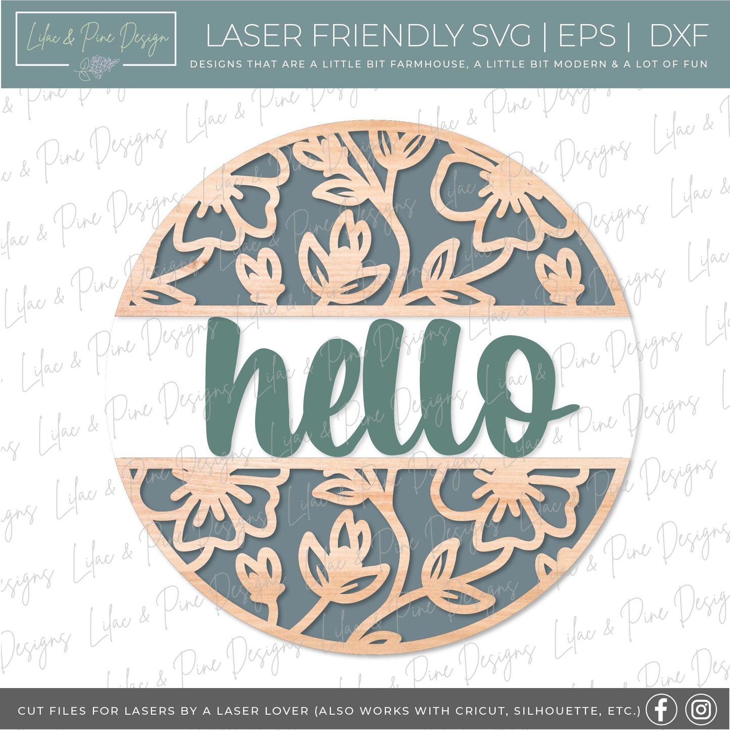 Hello floral sign, flower SVG, Welcome SVG, front door decor, round wood sign, floral svg, porch decor SVG, Glowforge Svg, laser cut file