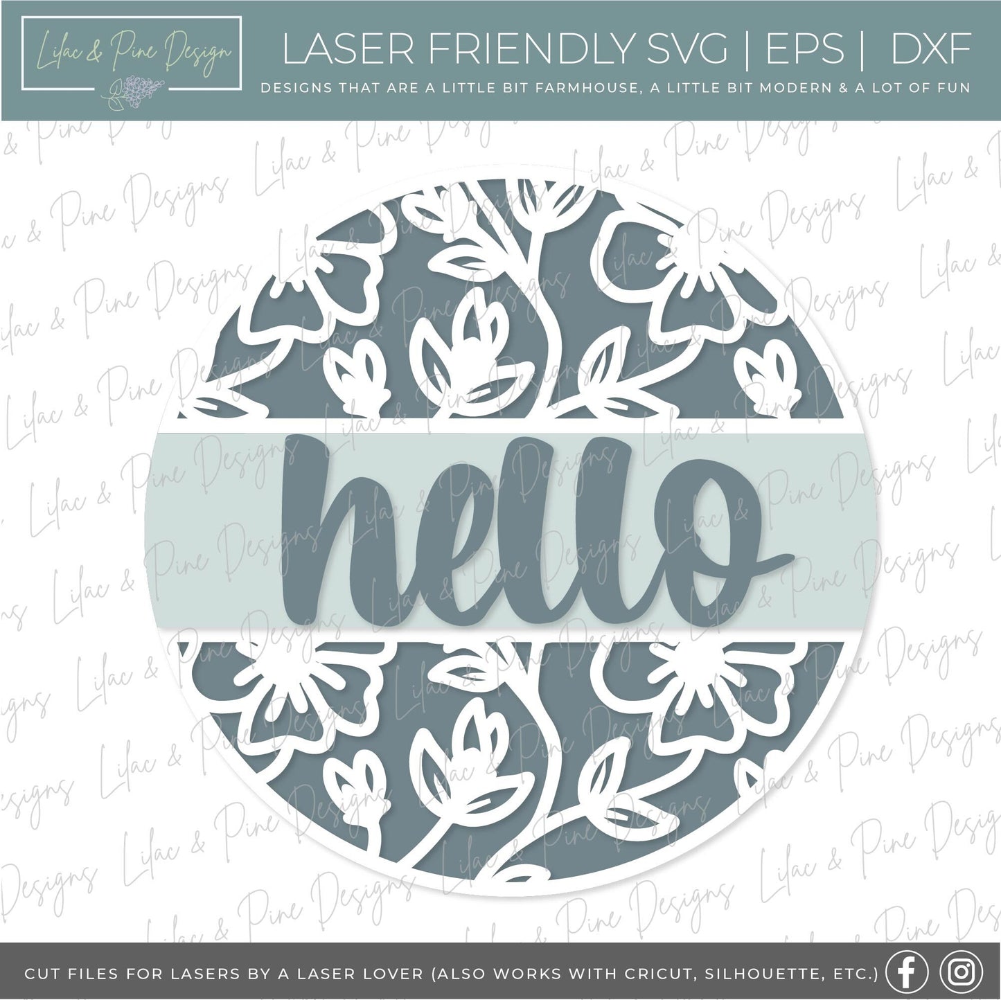 Hello floral sign, flower SVG, Welcome SVG, front door decor, round wood sign, floral svg, porch decor SVG, Glowforge Svg, laser cut file