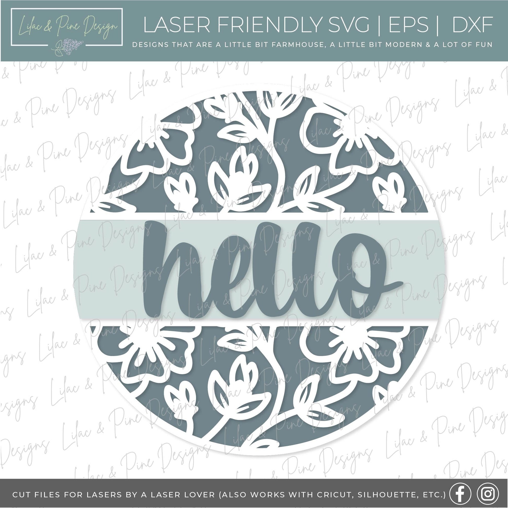 Hello floral sign, flower SVG, Welcome SVG, front door decor, round wood sign, floral svg, porch decor SVG, Glowforge Svg, laser cut file