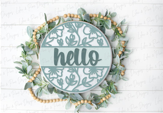 Hello floral sign, flower SVG, Welcome SVG, front door decor, round wood sign, floral svg, porch decor SVG, Glowforge Svg, laser cut file