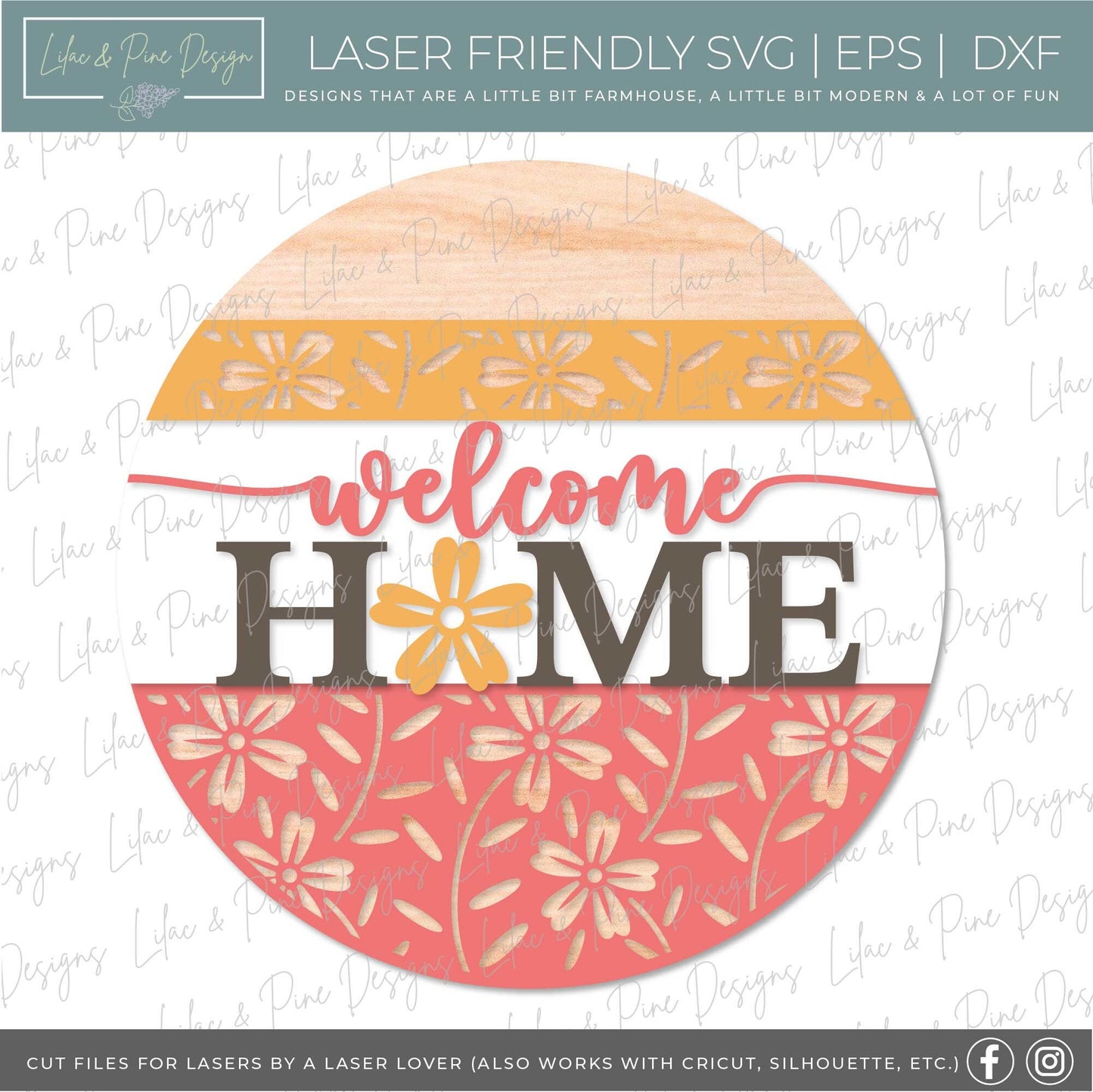 welcome home sign, floral welcome sign SVG, flower door hanger svg, round sign, summer svg, spring svg, Glowforge Svg, laser cut file