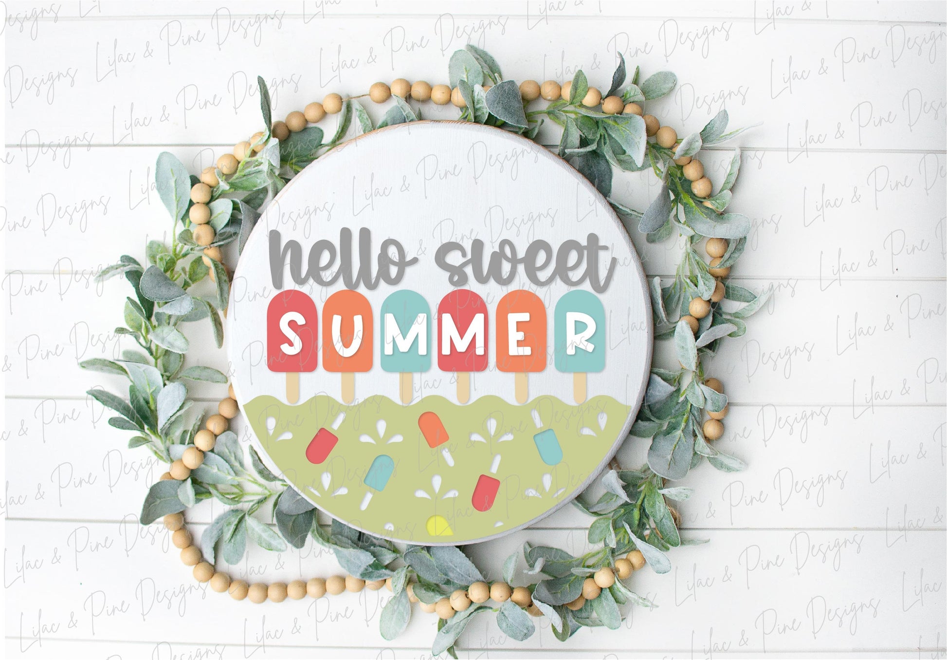 Hello Summer sign, Popsicle welcome sign SVG, Popsicle door hanger, round wood sign, vacation svg, diy kit, Glowforge Svg, laser cut file