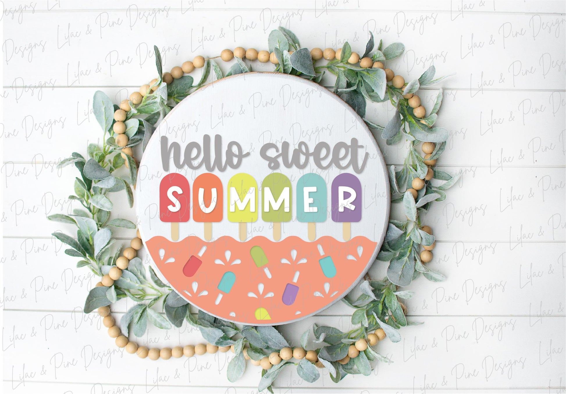 Hello Summer sign, Popsicle welcome sign SVG, Popsicle door hanger, round wood sign, vacation svg, diy kit, Glowforge Svg, laser cut file
