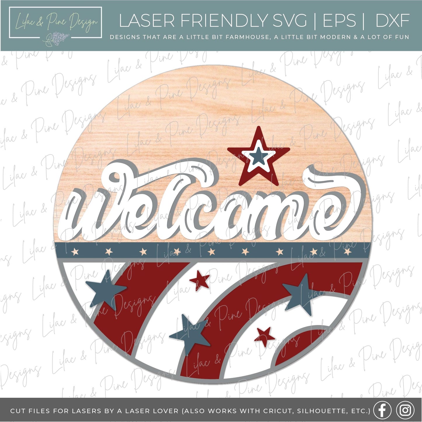 Retro July 4th sign, vintage patriotic welcome sign SVG, 4th of July door hanger, Happy Fourth round sign svg, Glowforge SVG, laser cut file