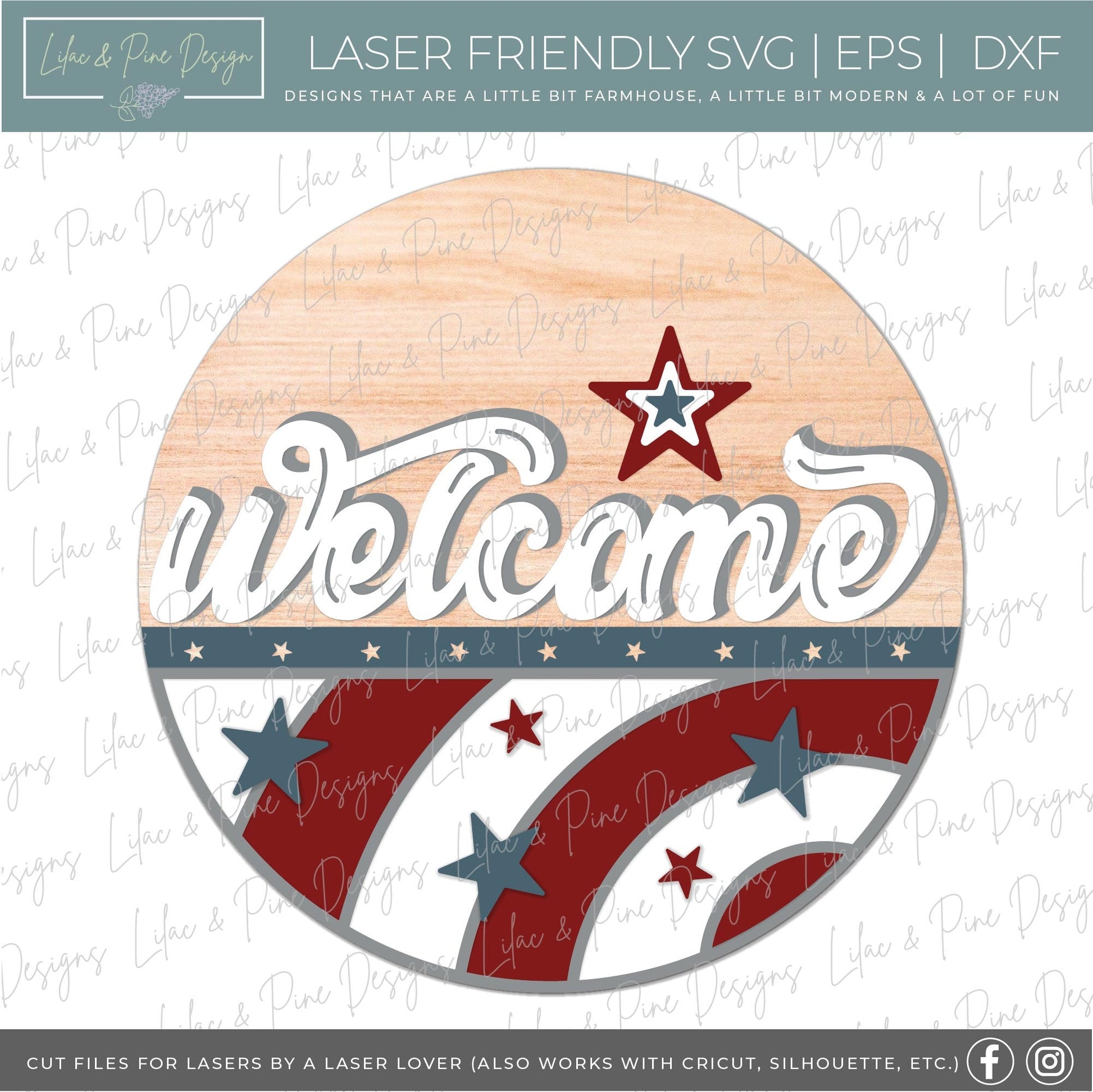 Retro July 4th sign, vintage patriotic welcome sign SVG, 4th of July door hanger, Happy Fourth round sign svg, Glowforge SVG, laser cut file