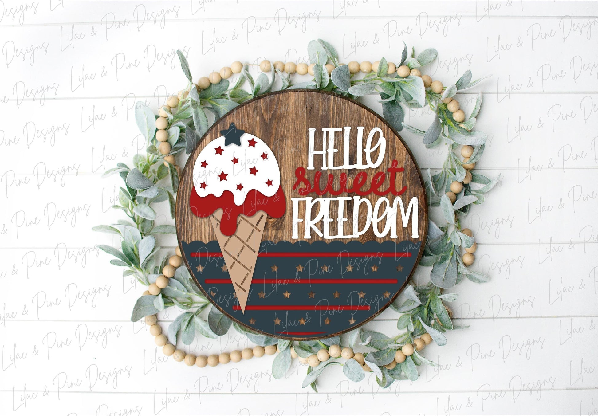 4th of July Ice Cream sign, Fourth of July welcome sign SVG, Sweet Freedom door hanger, Patriotic round sign, Glowforge SVG, laser cut file