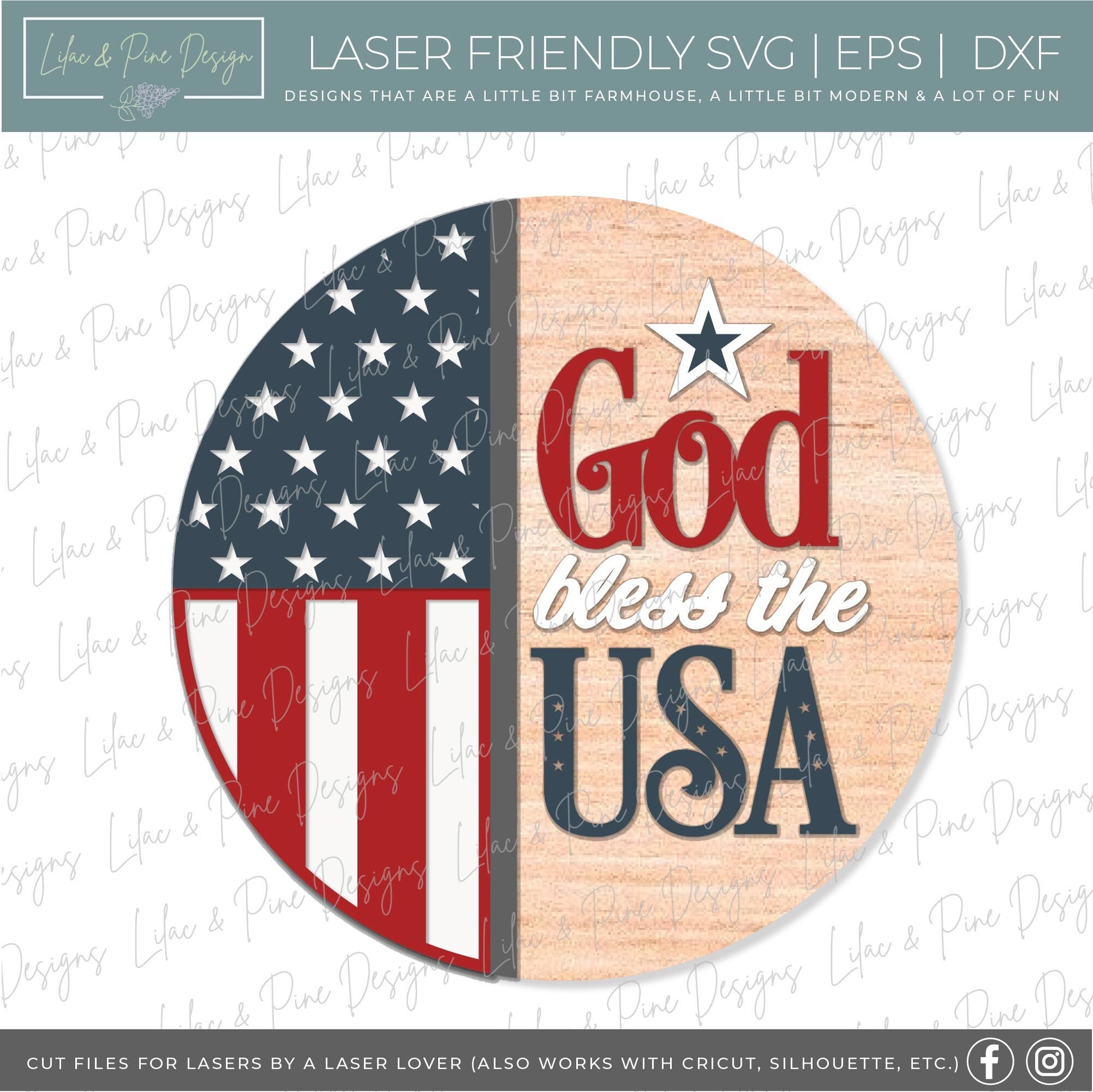 God Bless the USA sign, Fourth of July welcome sign SVG, Patriotic door hanger svg, 4th of July round sign, Glowforge SVG, laser cut file