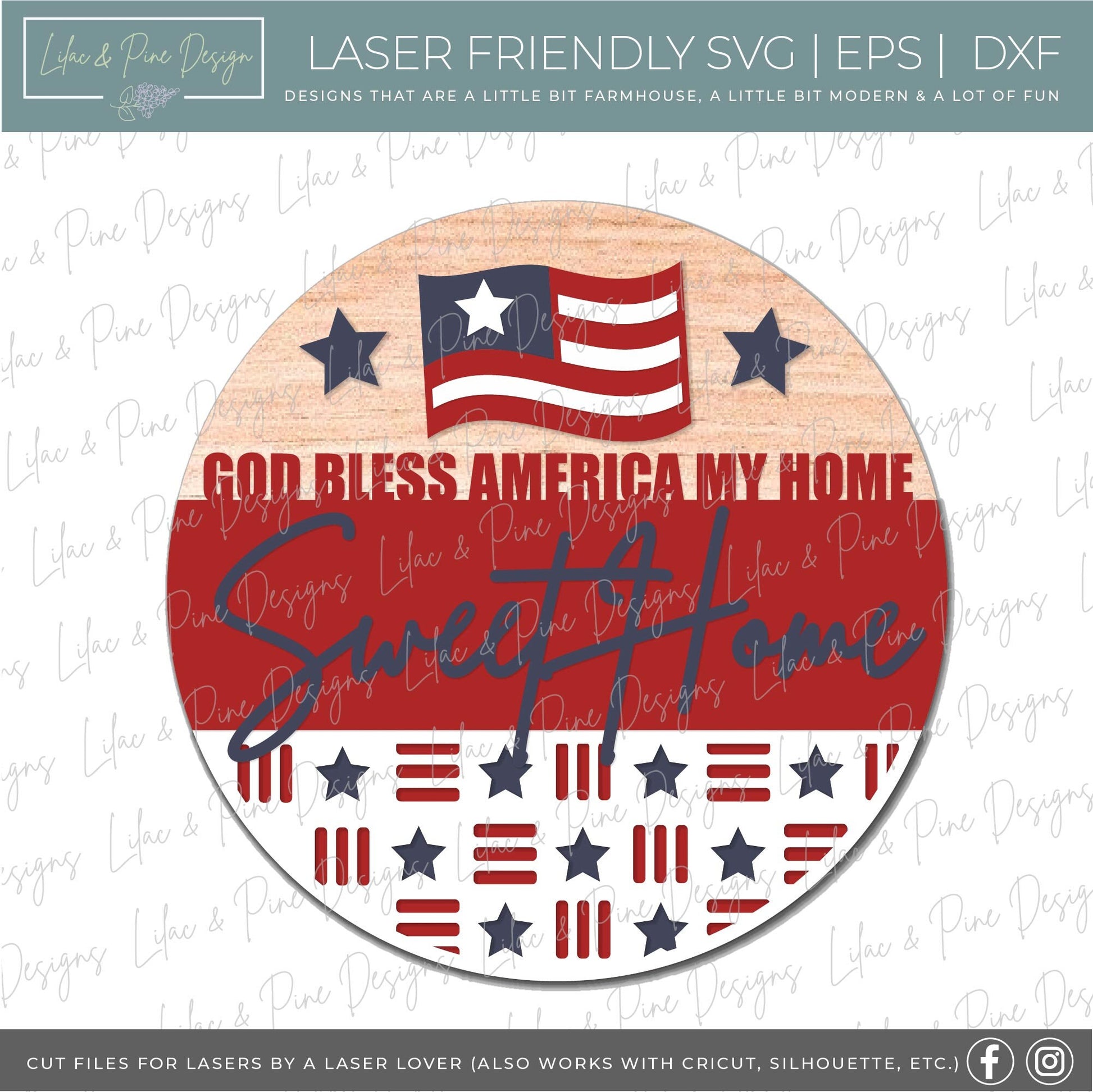 God Bless America sign, Fourth of July welcome sign SVG, Patriotic door hanger svg, 4th of July round sign, Glowforge SVG, laser cut file