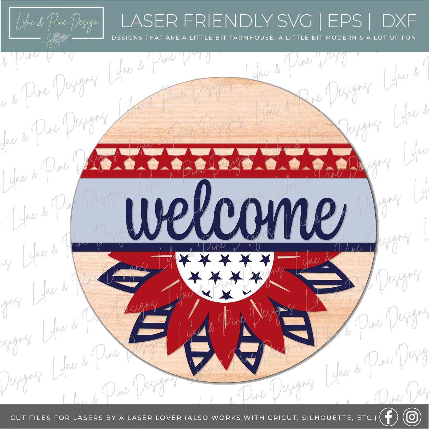 4th of July sunflower sign, Fourth of July welcome sign SVG, Patriotic door hanger, Americana sunflower svg, Glowforge SVG, laser cut file