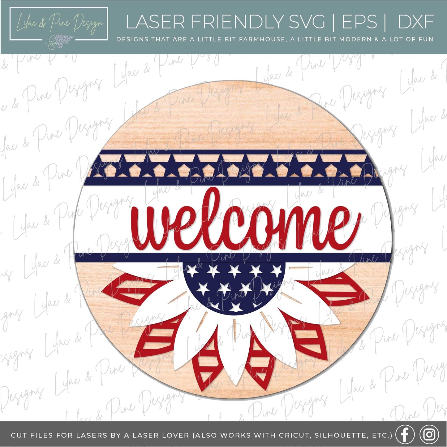 4th of July sunflower sign, Fourth of July welcome sign SVG, Patriotic door hanger, Americana sunflower svg, Glowforge SVG, laser cut file