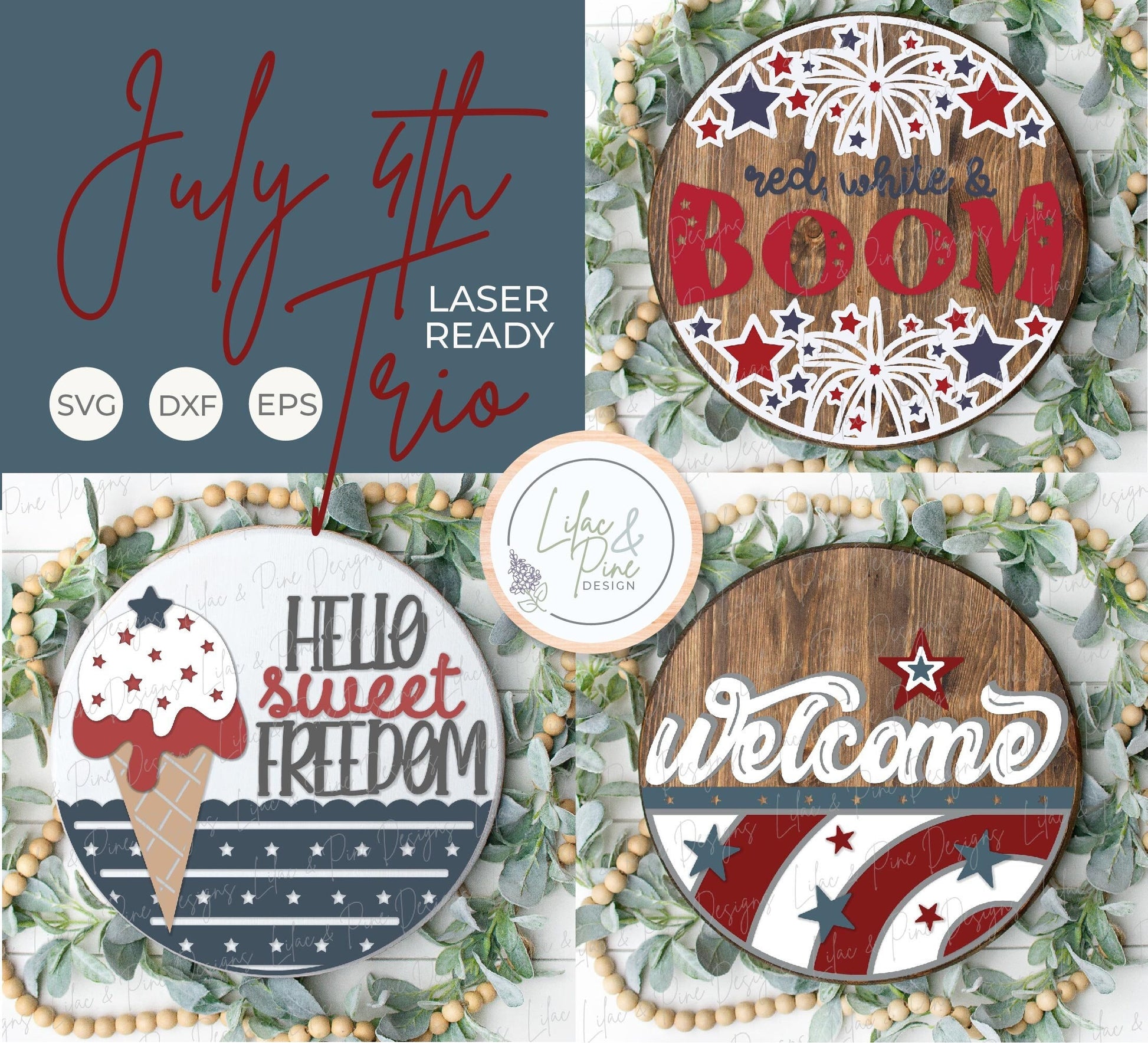July 4th sign bundle, patriotic door hanger SVG, Independence Day welcome sign SVG, Fourth of July porch sign, glowforge svg, laser cut file