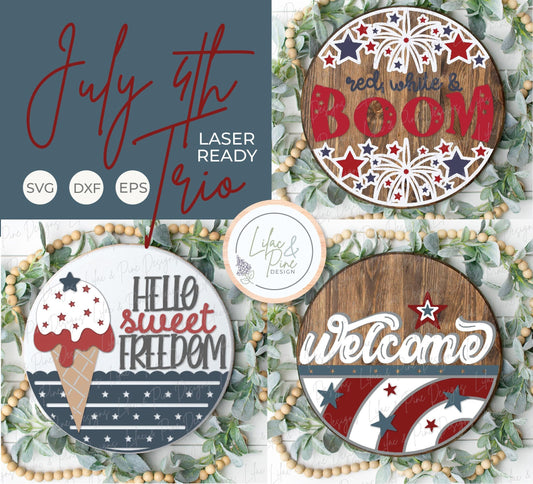 July 4th sign bundle, patriotic door hanger SVG, Independence Day welcome sign SVG, Fourth of July porch sign, glowforge svg, laser cut file