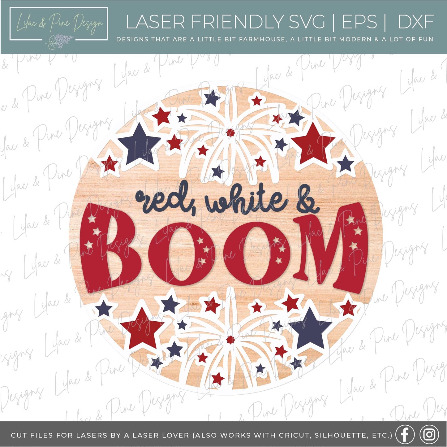 Red White and Boom SVG, Firework welcome sign SVG, 4th of July door hanger, Fourth of July round wood sign, Glowforge SVG, laser cut file