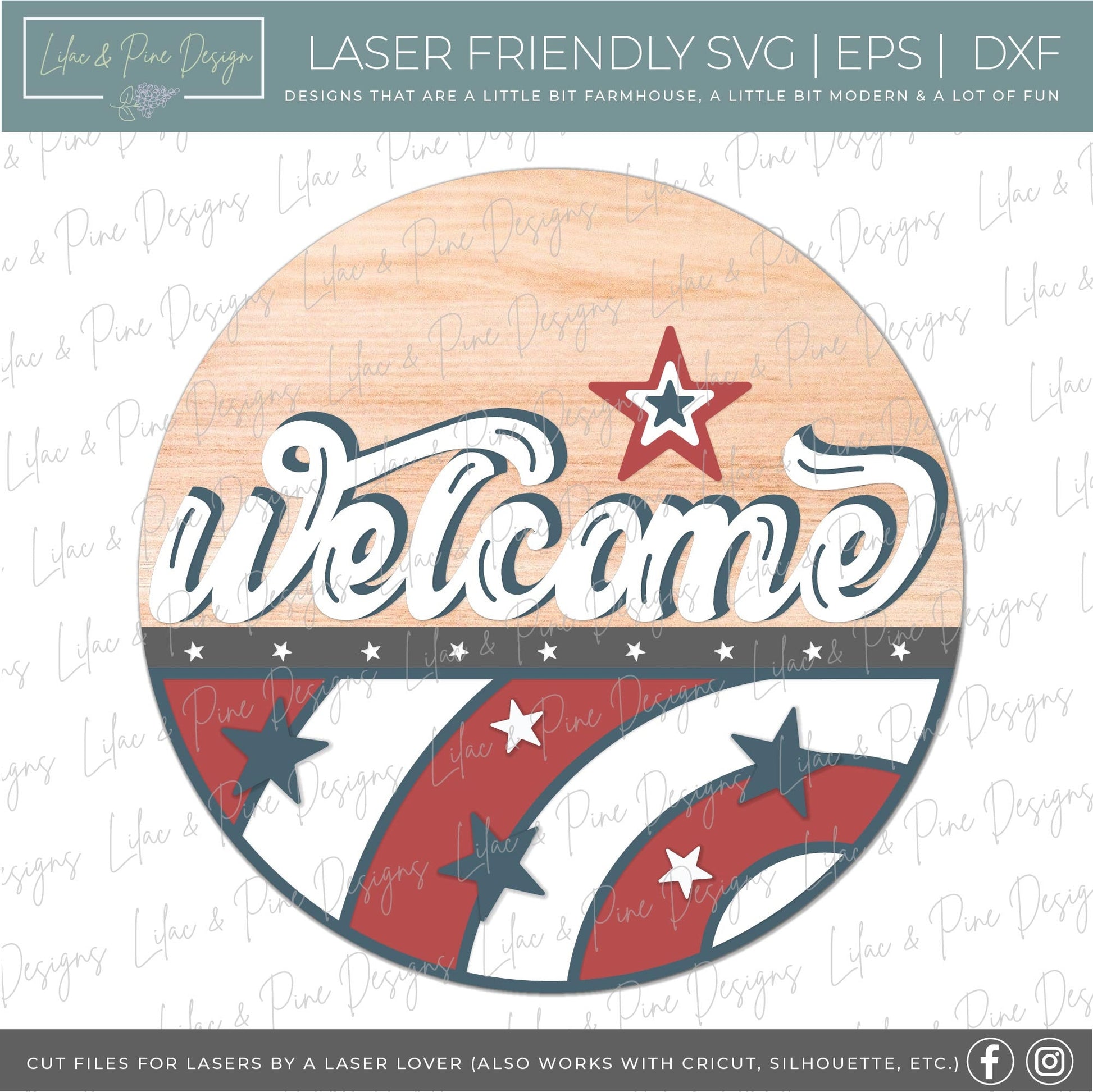 Retro July 4th sign, vintage patriotic welcome sign SVG, 4th of July door hanger, Happy Fourth round sign svg, Glowforge SVG, laser cut file
