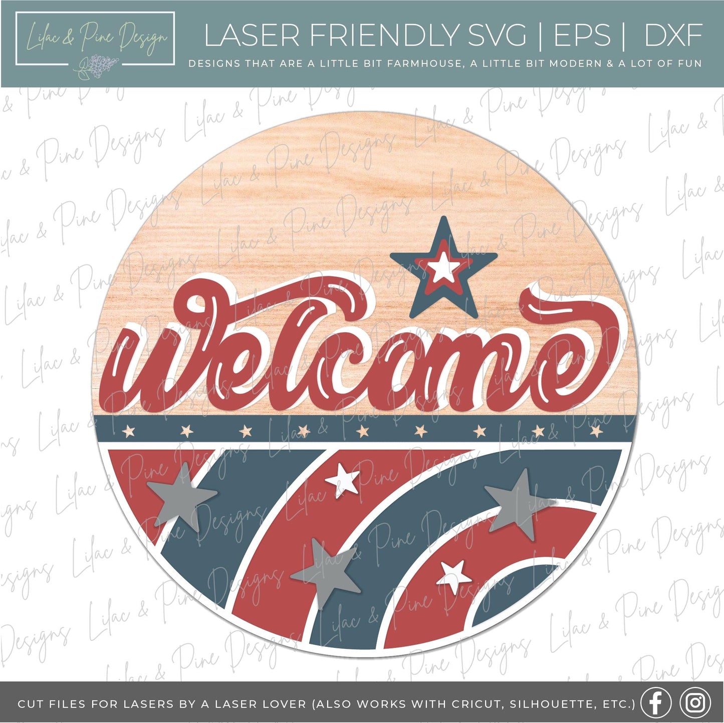 Retro July 4th sign, vintage patriotic welcome sign SVG, 4th of July door hanger, Happy Fourth round sign svg, Glowforge SVG, laser cut file