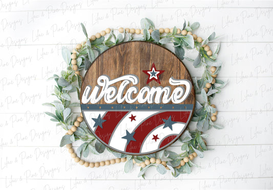 Retro July 4th sign, vintage patriotic welcome sign SVG, 4th of July door hanger, Happy Fourth round sign svg, Glowforge SVG, laser cut file