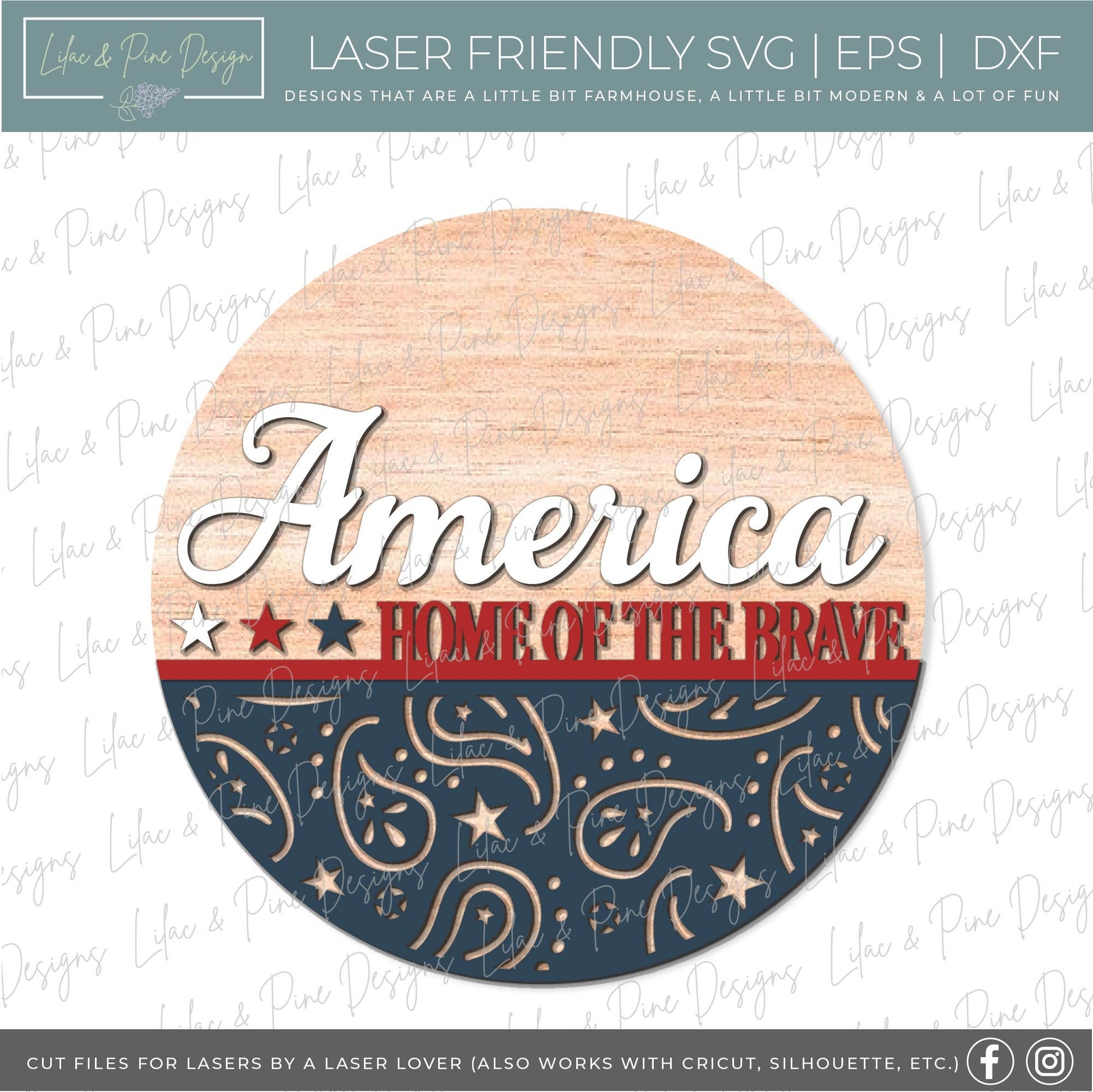 Home of the Brave SVG, 4th of July welcome sign SVG, Fourth of July door hanger, Patriotic round sign, Glowforge SVG, laser cut file