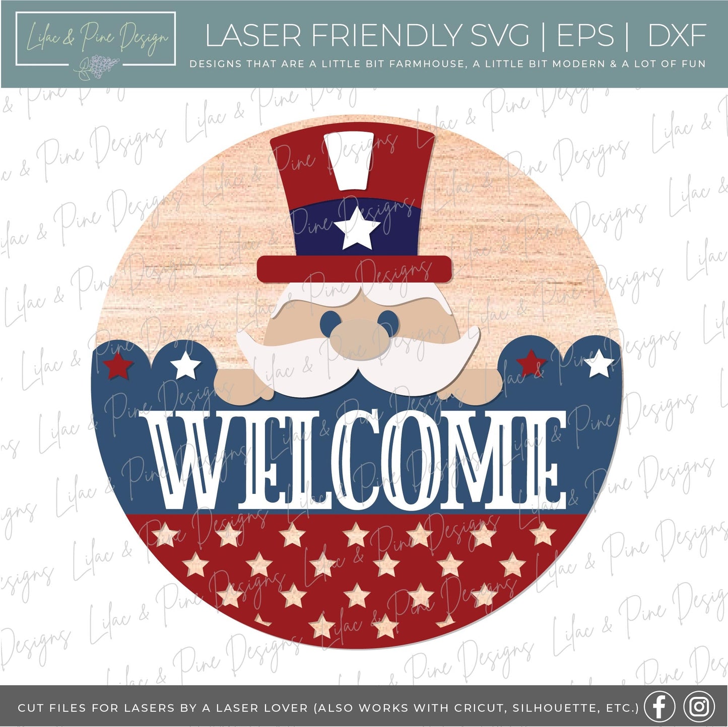 Uncle Sam door hanger SVG, Happy 4th of July welcome sign, Fourth of July decor, Patriotic round sign SVG, Glowforge SVG, laser cut file