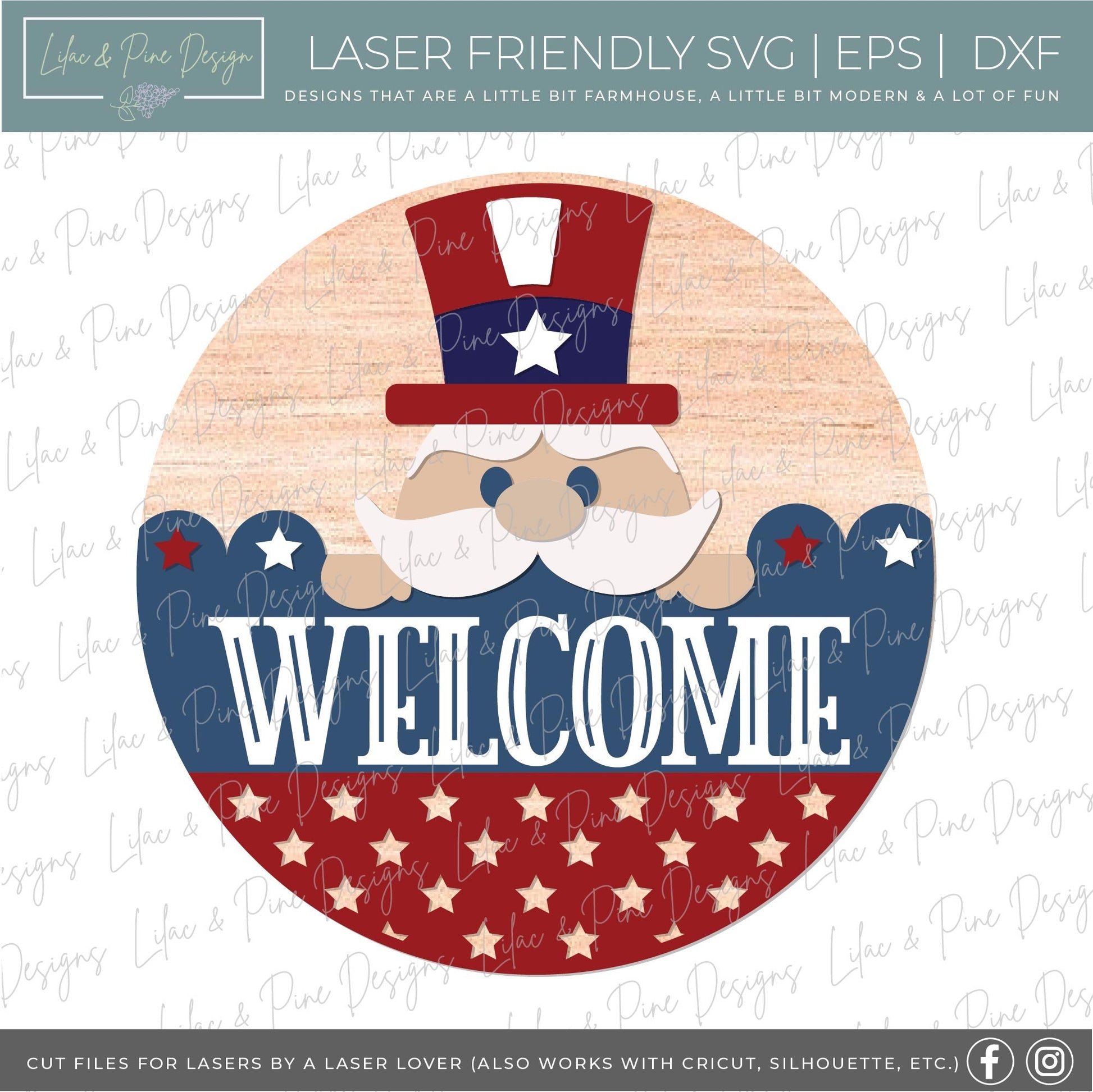 Uncle Sam door hanger SVG, Happy 4th of July welcome sign, Fourth of July decor, Patriotic round sign SVG, Glowforge SVG, laser cut file