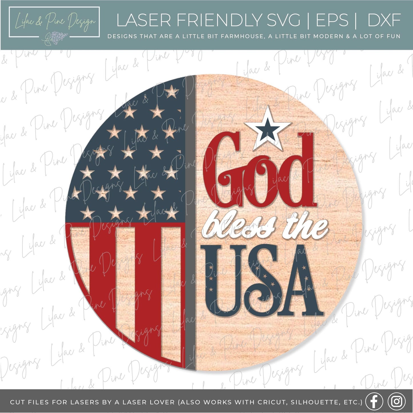 God Bless the USA sign, Fourth of July welcome sign SVG, Patriotic door hanger svg, 4th of July round sign, Glowforge SVG, laser cut file
