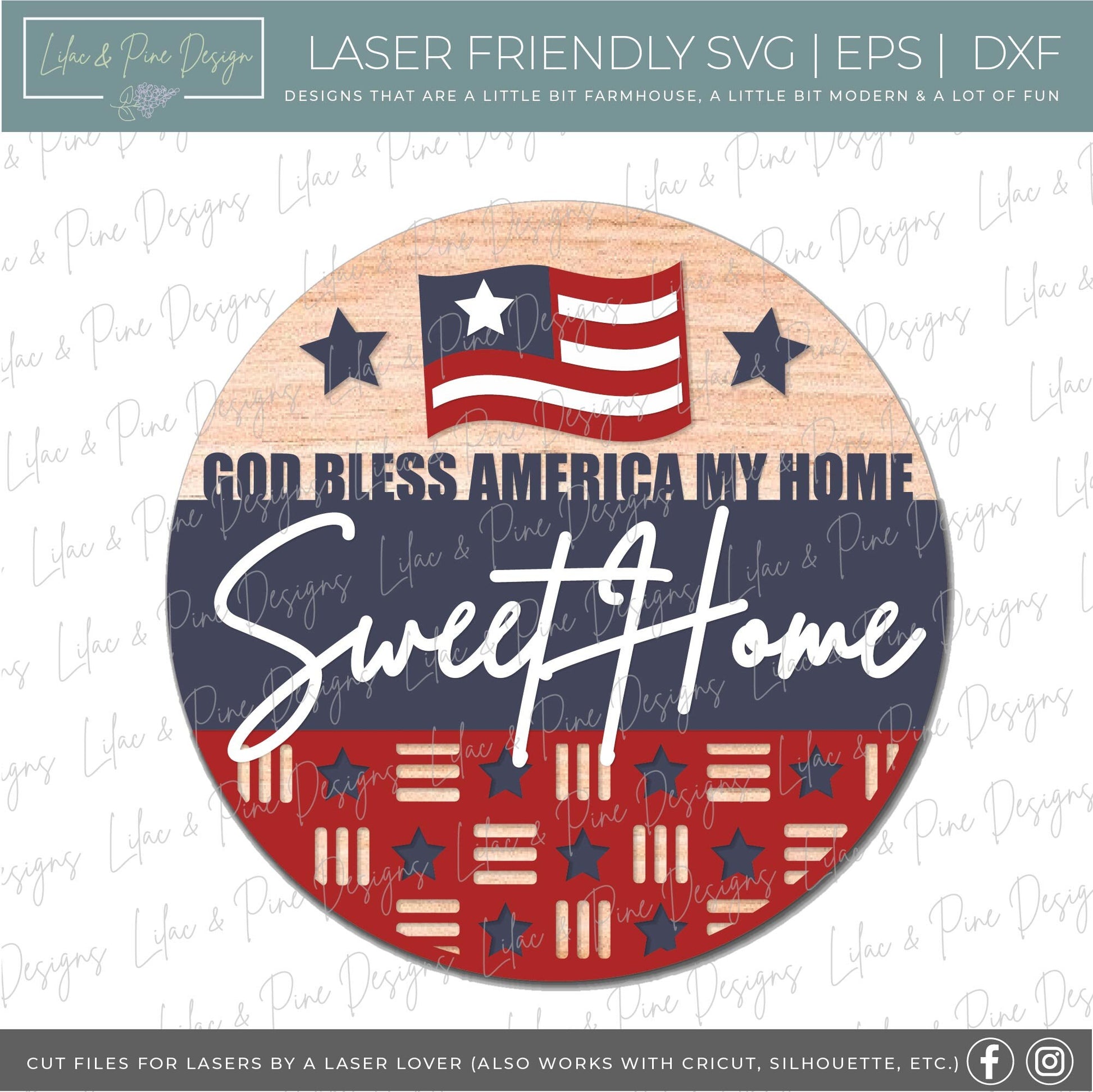 God Bless America sign, Fourth of July welcome sign SVG, Patriotic door hanger svg, 4th of July round sign, Glowforge SVG, laser cut file
