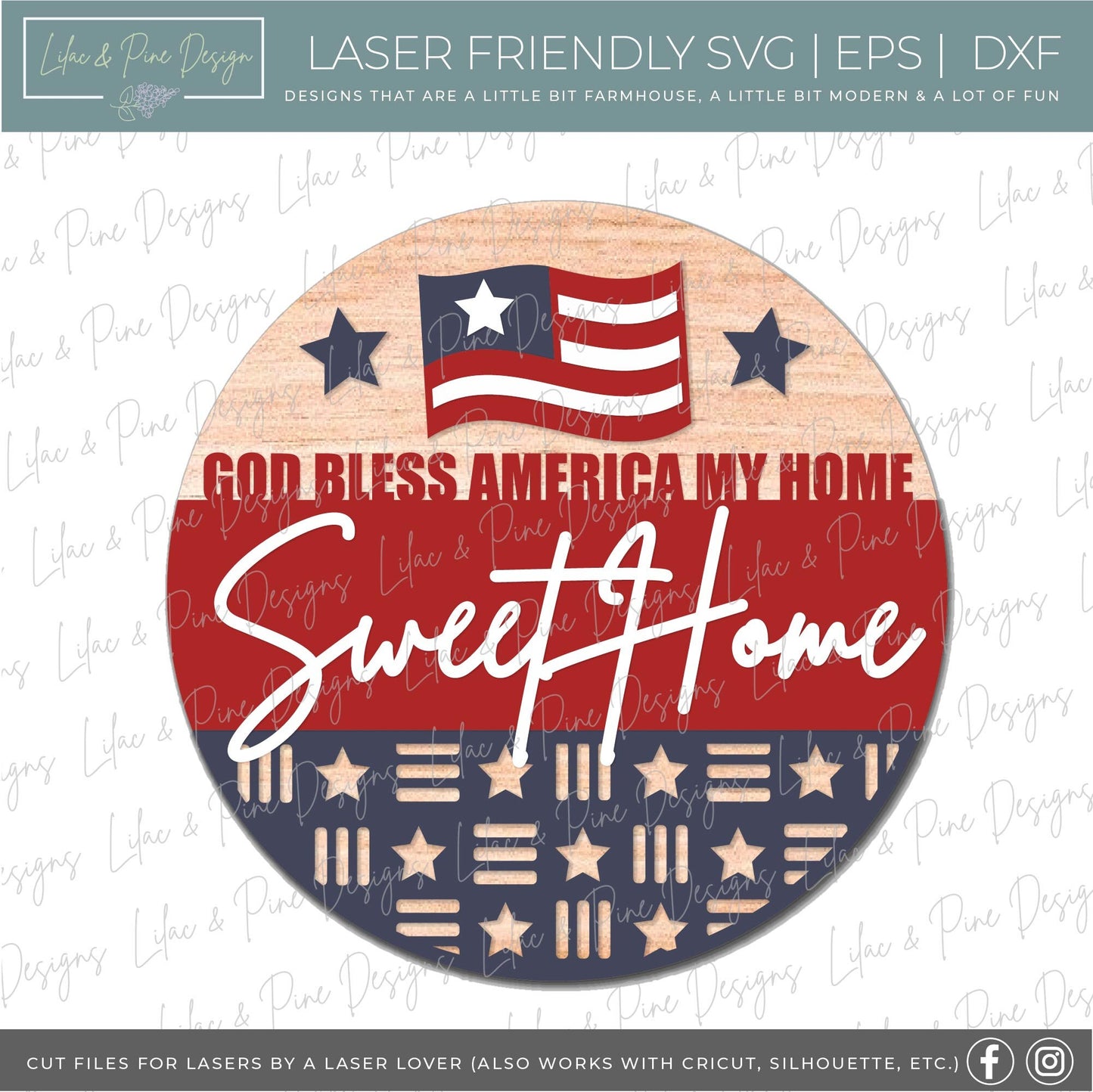 God Bless America sign, Fourth of July welcome sign SVG, Patriotic door hanger svg, 4th of July round sign, Glowforge SVG, laser cut file