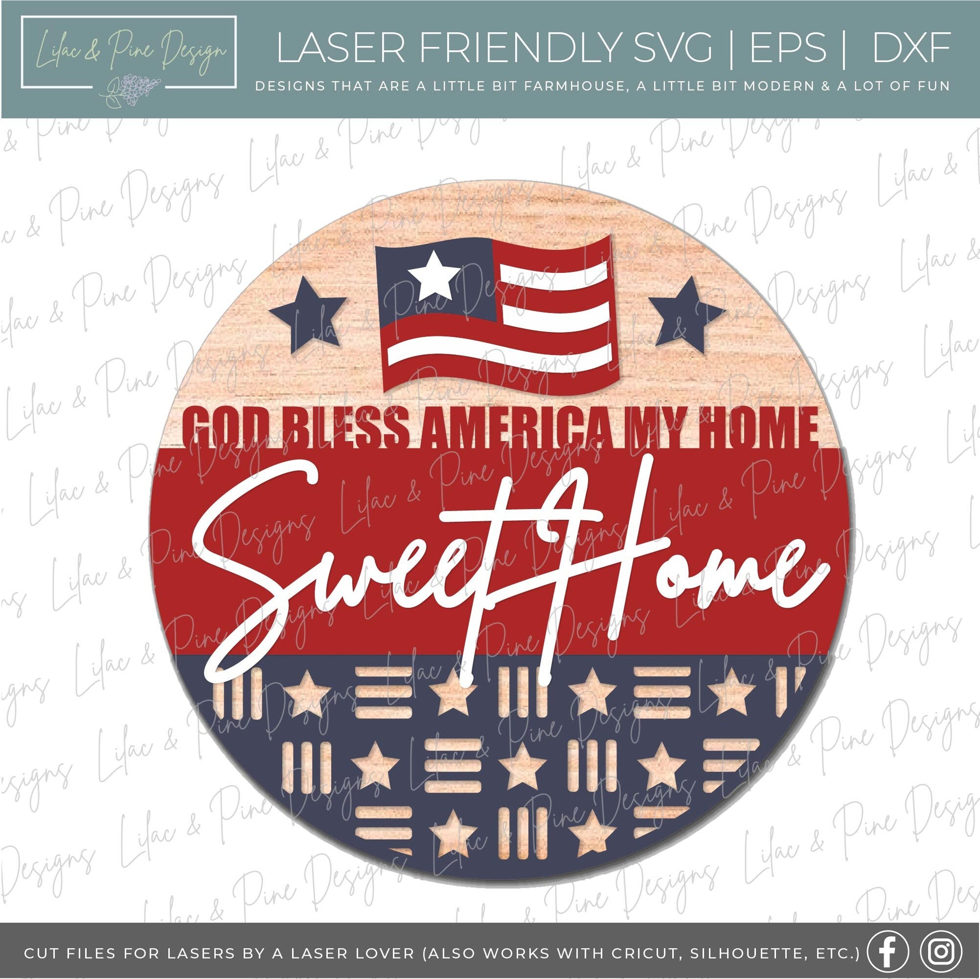 God Bless America sign, Fourth of July welcome sign SVG, Patriotic door hanger svg, 4th of July round sign, Glowforge SVG, laser cut file
