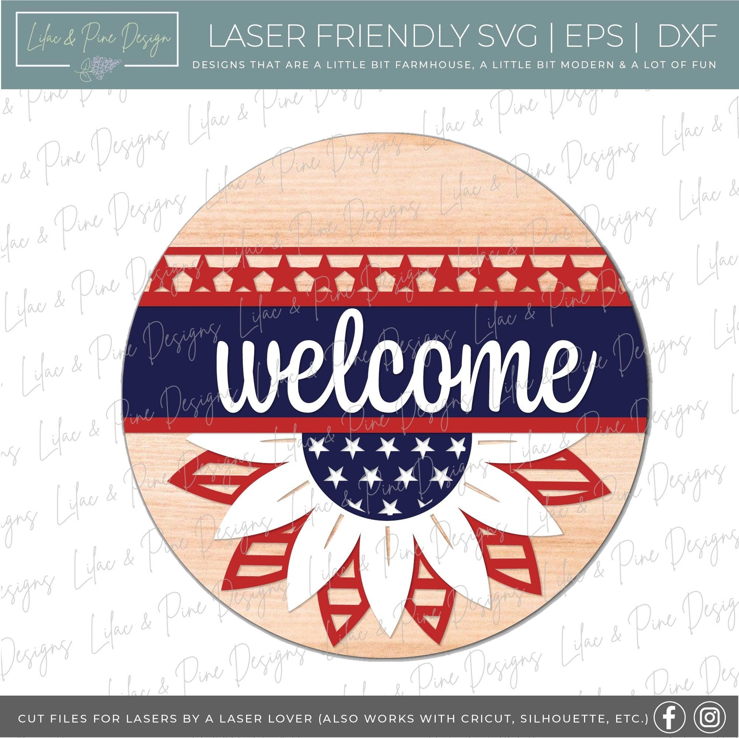4th of July sunflower sign, Fourth of July welcome sign SVG, Patriotic door hanger, Americana sunflower svg, Glowforge SVG, laser cut file