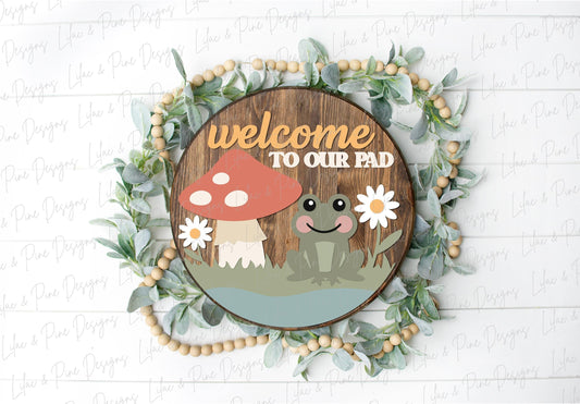 Frog welcome sign SVG, Mushroom door hanger svg, Welcome to our Pad sign, summer sign, Daisy welcome sign, Glowforge Svg, laser cut file