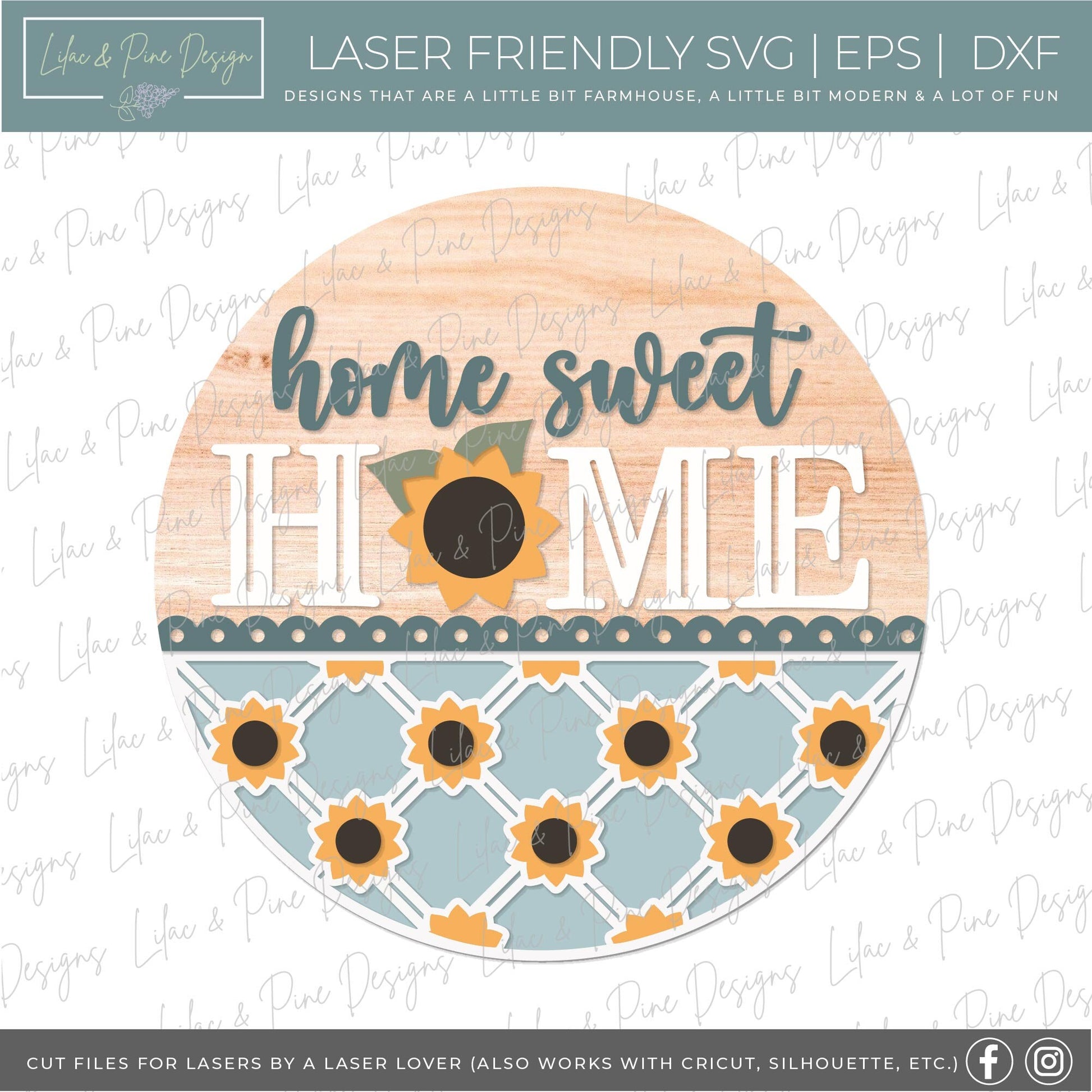 Sunflower door hanger SVG, home sweet home sign, sunflower welcome SVG, fall floral sign, fall plaid sign svg, Glowforge SVG, laser cut file