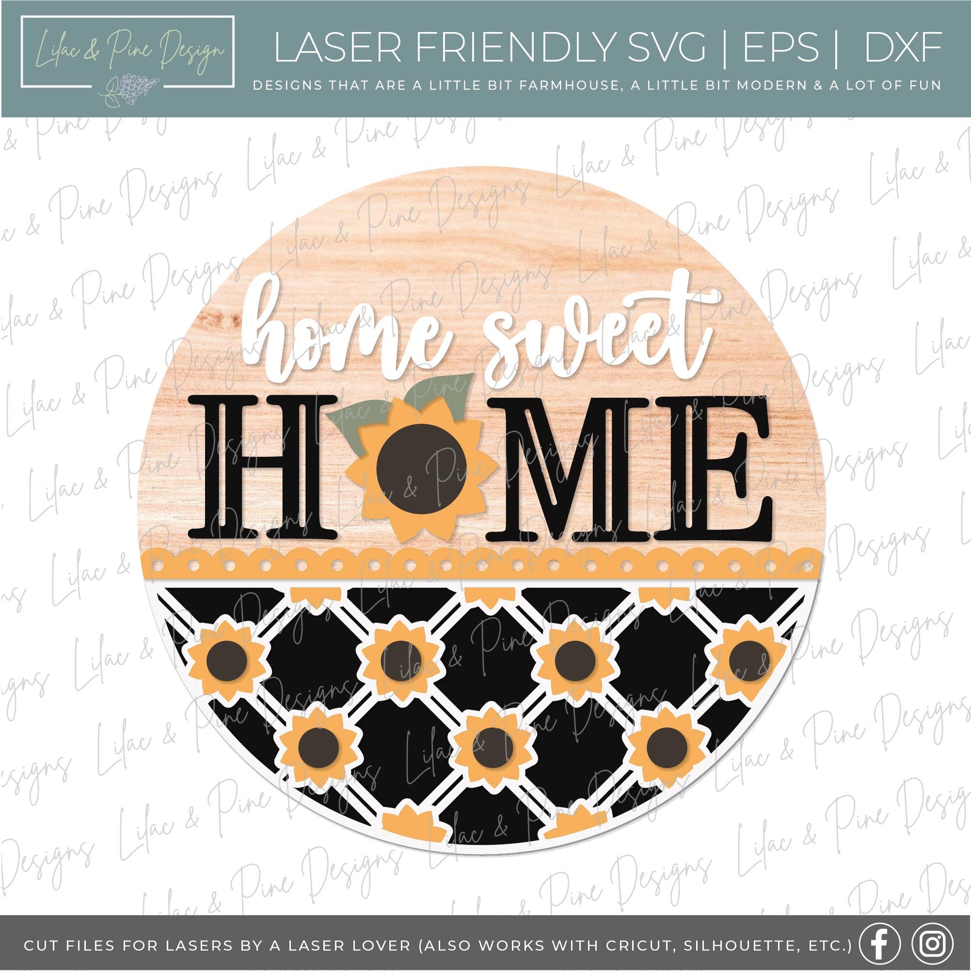 Sunflower door hanger SVG, home sweet home sign, sunflower welcome SVG, fall floral sign, fall plaid sign svg, Glowforge SVG, laser cut file