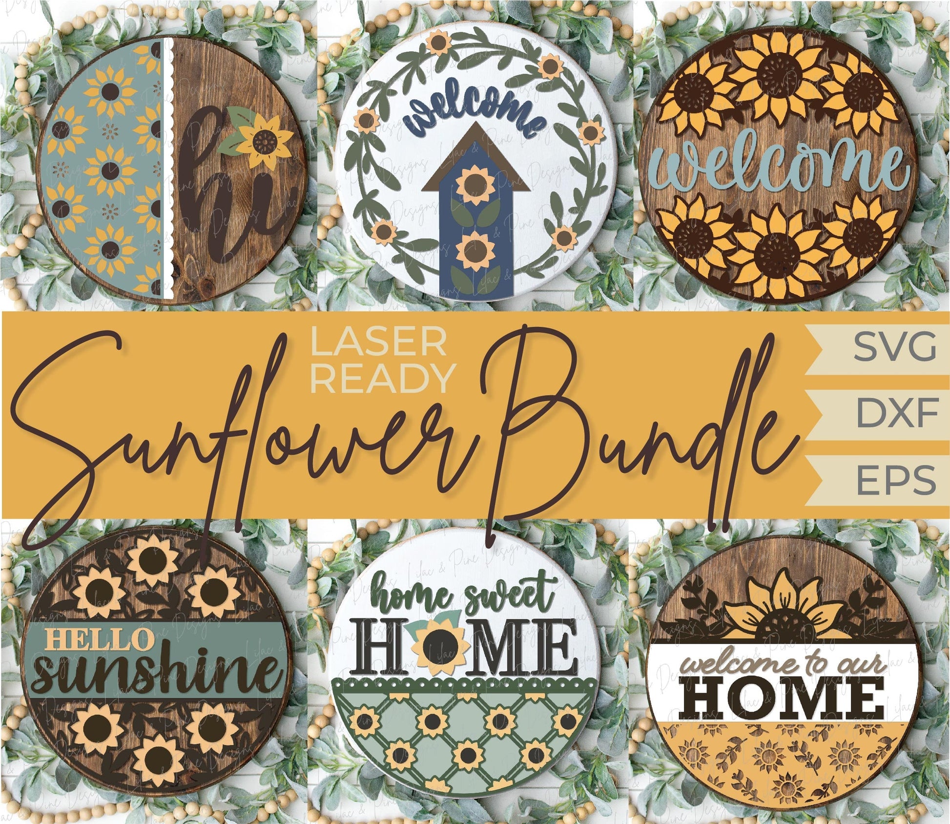 Sunflower door hanger bundle SVG, sunflower welcome sign, home sweet home SVG, fall decor, round fall sign, Glowforge SVG, laser cut file