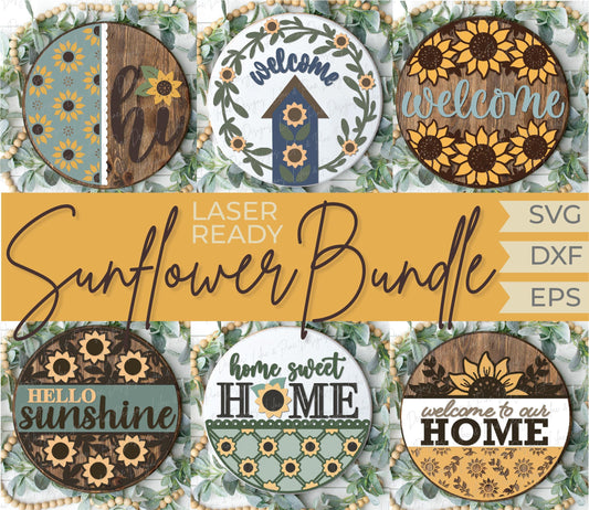 Sunflower door hanger bundle SVG, sunflower welcome sign, home sweet home SVG, fall decor, round fall sign, Glowforge SVG, laser cut file
