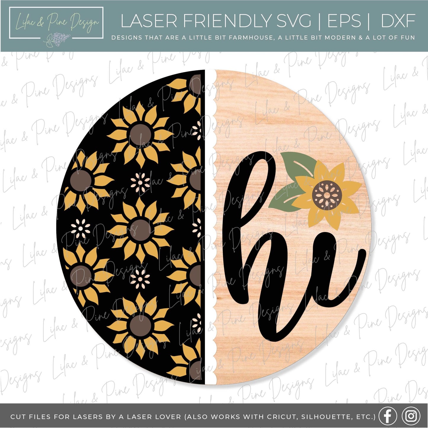 Sunflower door hanger SVG, Fall floral welcome sign, sunflower hi sign SVG, fall decor, summer door hanger, Glowforge SVG, laser cut file