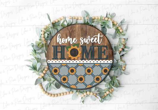 Sunflower door hanger SVG, home sweet home sign, sunflower welcome SVG, fall floral sign, fall plaid sign svg, Glowforge SVG, laser cut file