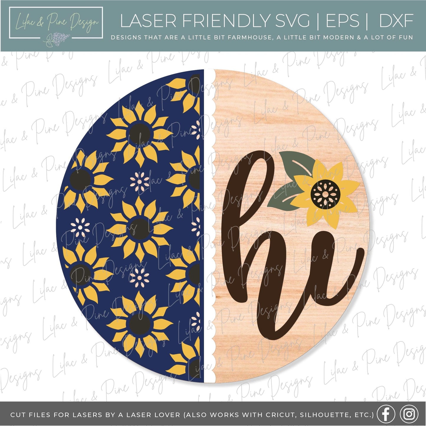Sunflower door hanger SVG, Fall floral welcome sign, sunflower hi sign SVG, fall decor, summer door hanger, Glowforge SVG, laser cut file