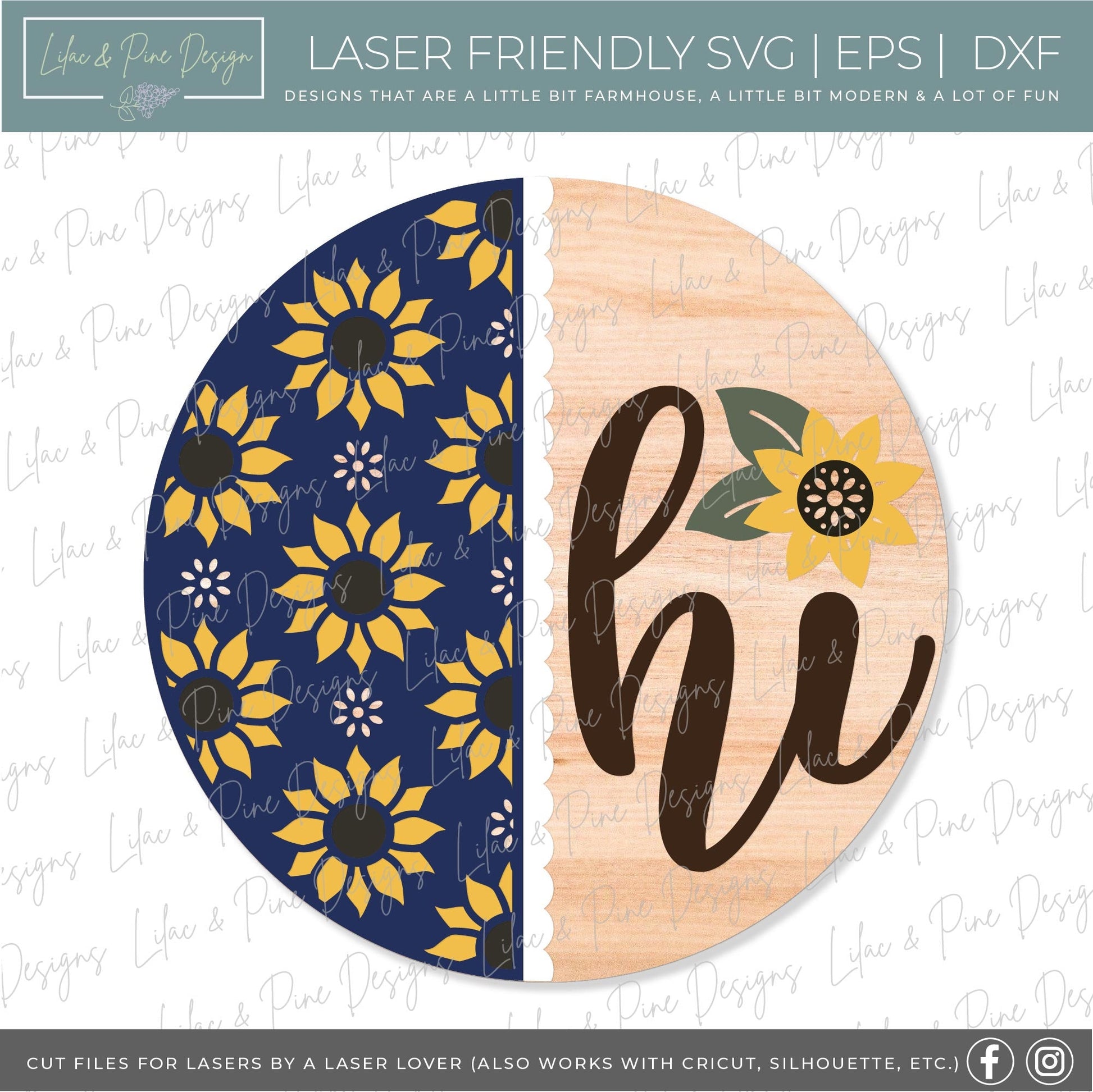 Sunflower door hanger SVG, Fall floral welcome sign, sunflower hi sign SVG, fall decor, summer door hanger, Glowforge SVG, laser cut file
