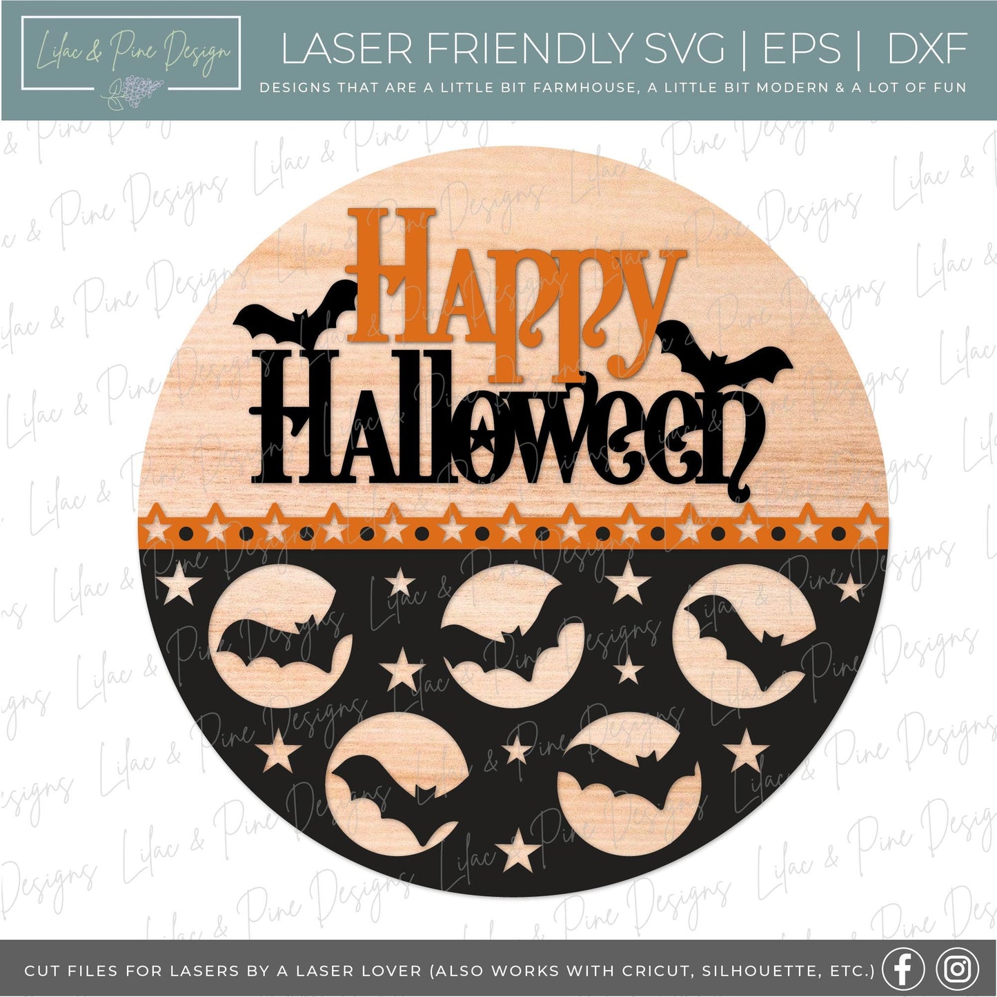 Halloween bat sign, Happy Halloween door hanger SVG, bat welcome sign SVG, Halloween decor, full moon svg, Glowforge Svg, laser cut file