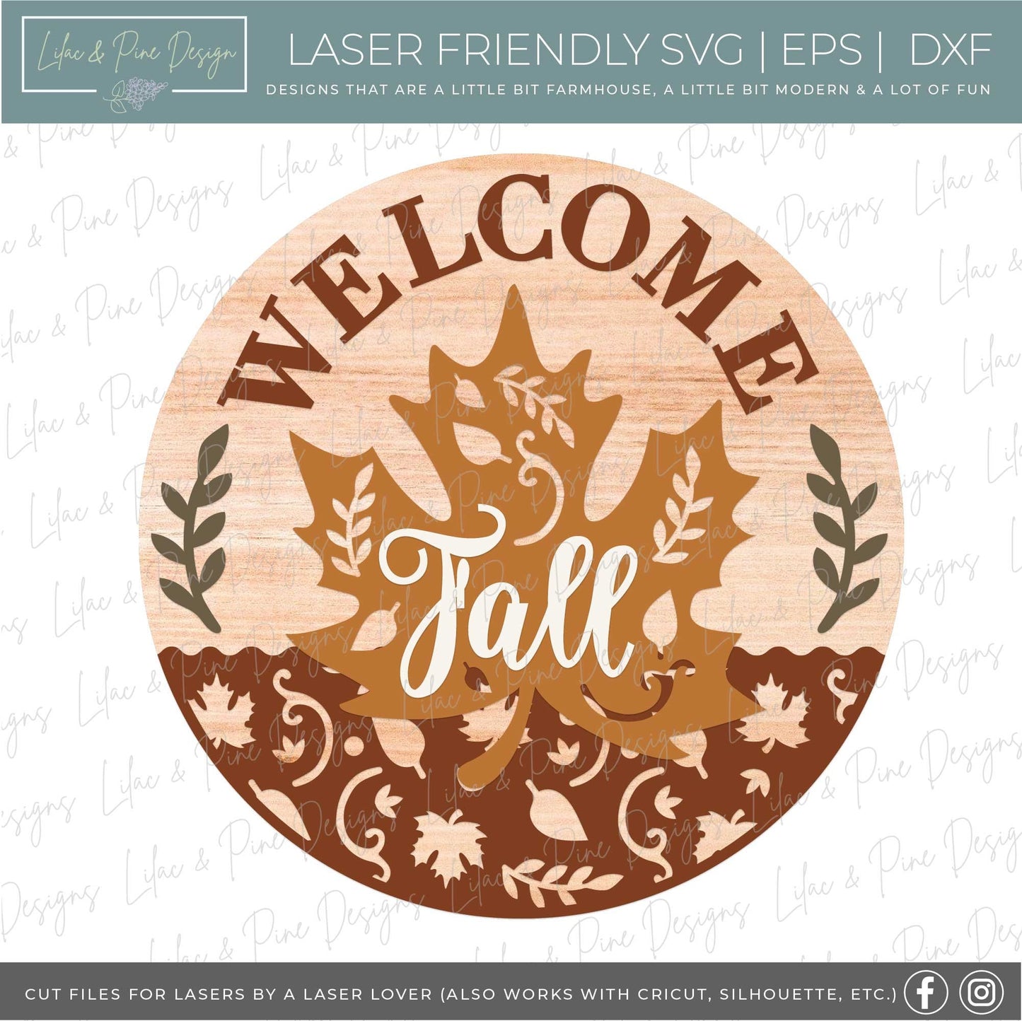 Welcome Fall SVG, Fall leaves door hanger, Fall Welcome round sign, Autumn porch decor SVG, maple leaf SVG, Glowforge Svg, laser cut file