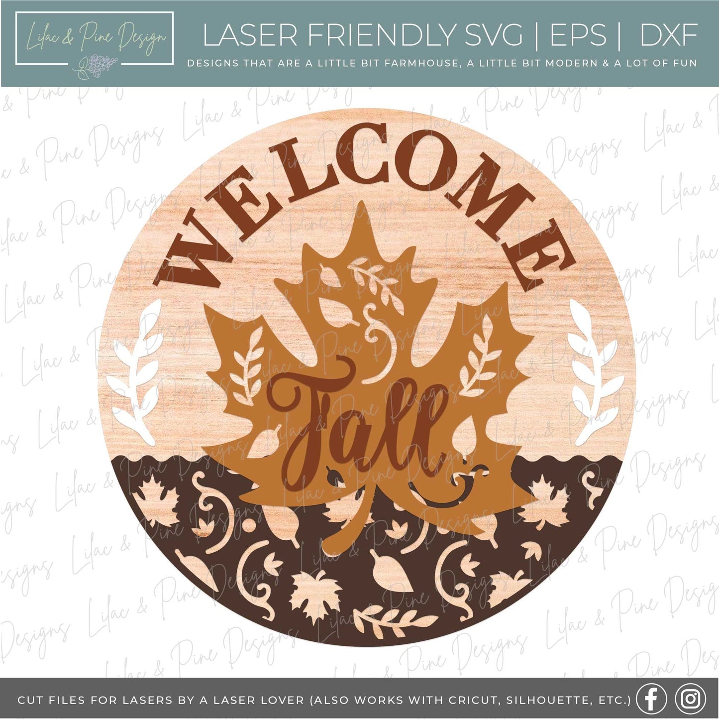 Welcome Fall SVG, Fall leaves door hanger, Fall Welcome round sign, Autumn porch decor SVG, maple leaf SVG, Glowforge Svg, laser cut file