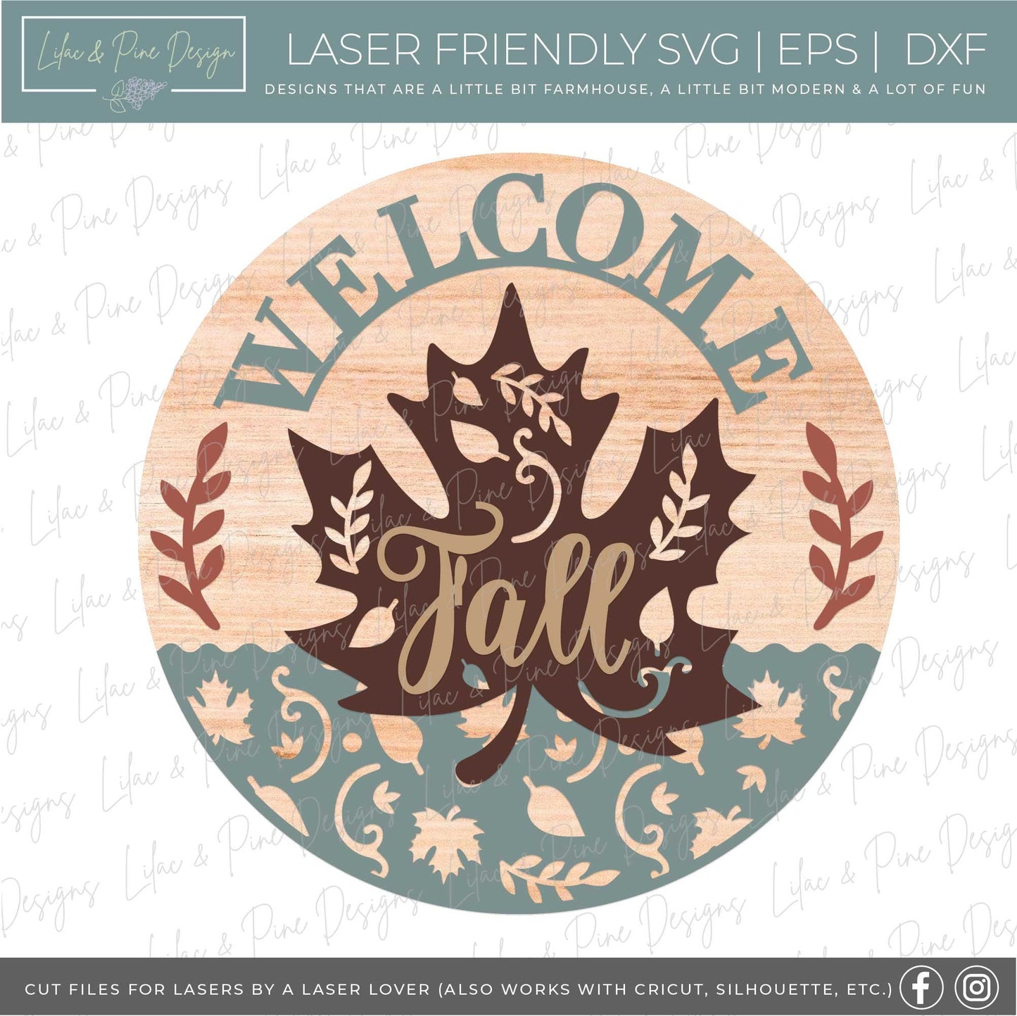 Welcome Fall SVG, Fall leaves door hanger, Fall Welcome round sign, Autumn porch decor SVG, maple leaf SVG, Glowforge Svg, laser cut file
