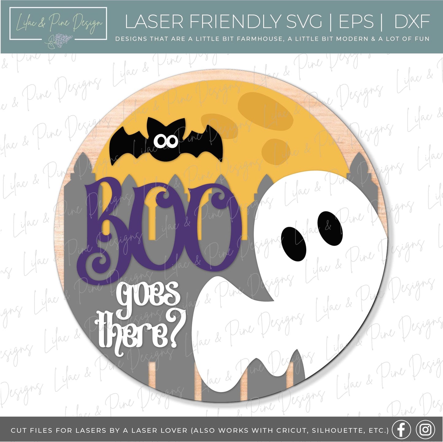 Halloween door hanger SVG, Boo goes there sign, Ghost welcome sign SVG, Boo round sign, Halloween porch decor, Glowforge SVG, laser cut file