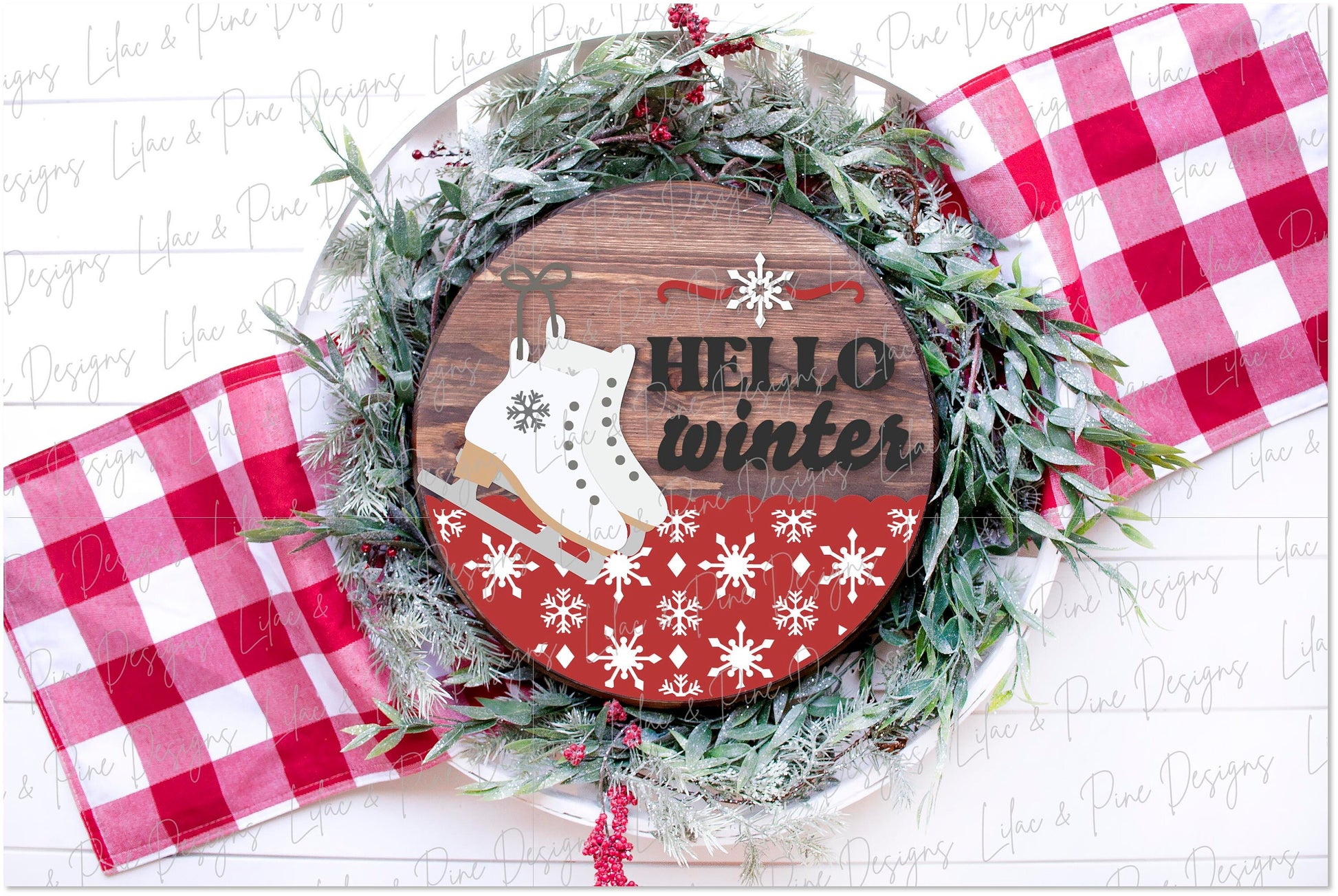 Hello winter sign SVG, Christmas welcome sign, Winter door hanger SVG, ice skates porch sign, snowflake decor, Glowforge Svg, laser cut file