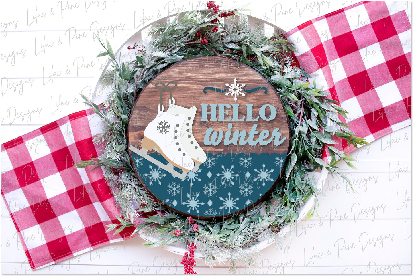Hello winter sign SVG, Christmas welcome sign, Winter door hanger SVG, ice skates porch sign, snowflake decor, Glowforge Svg, laser cut file
