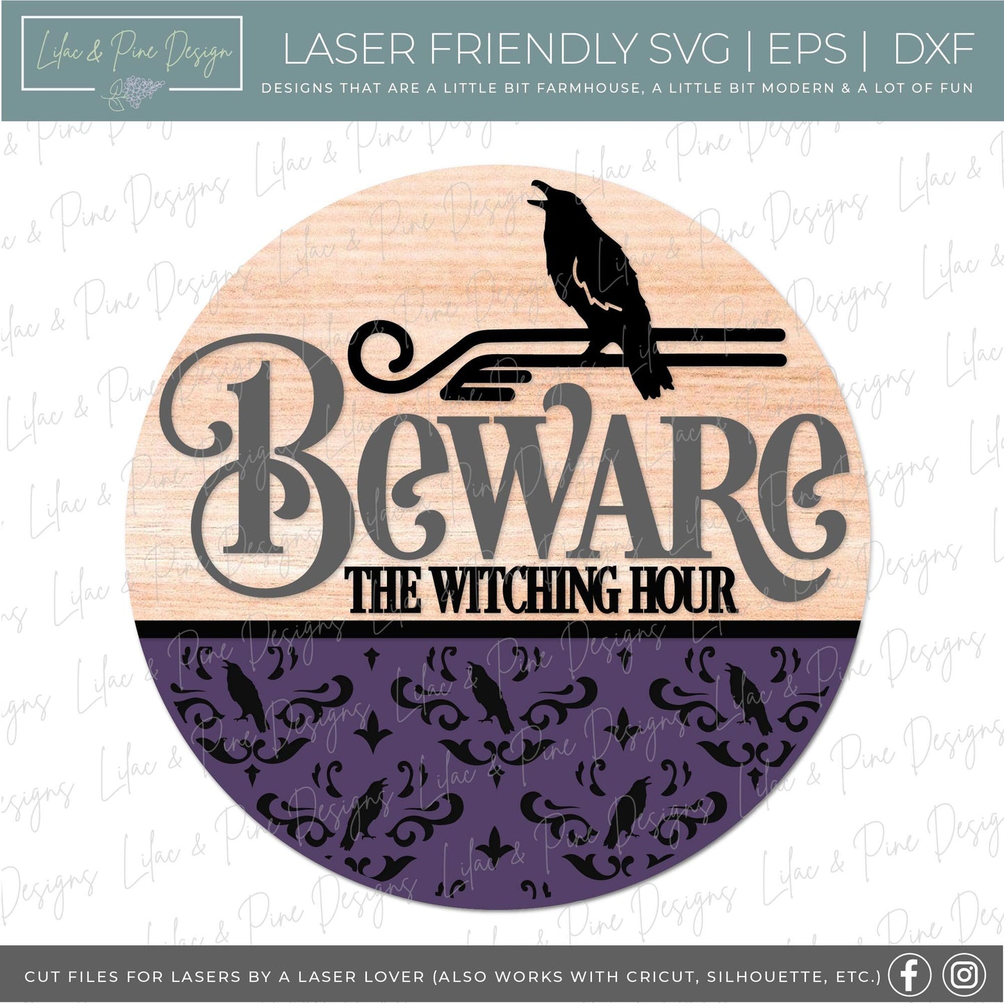 Beware the Witching Hour, spooky door hanger SVG, Halloween welcome sign SVG, raven front door sign, crow SVG, Glowforge Svg, laser cut file