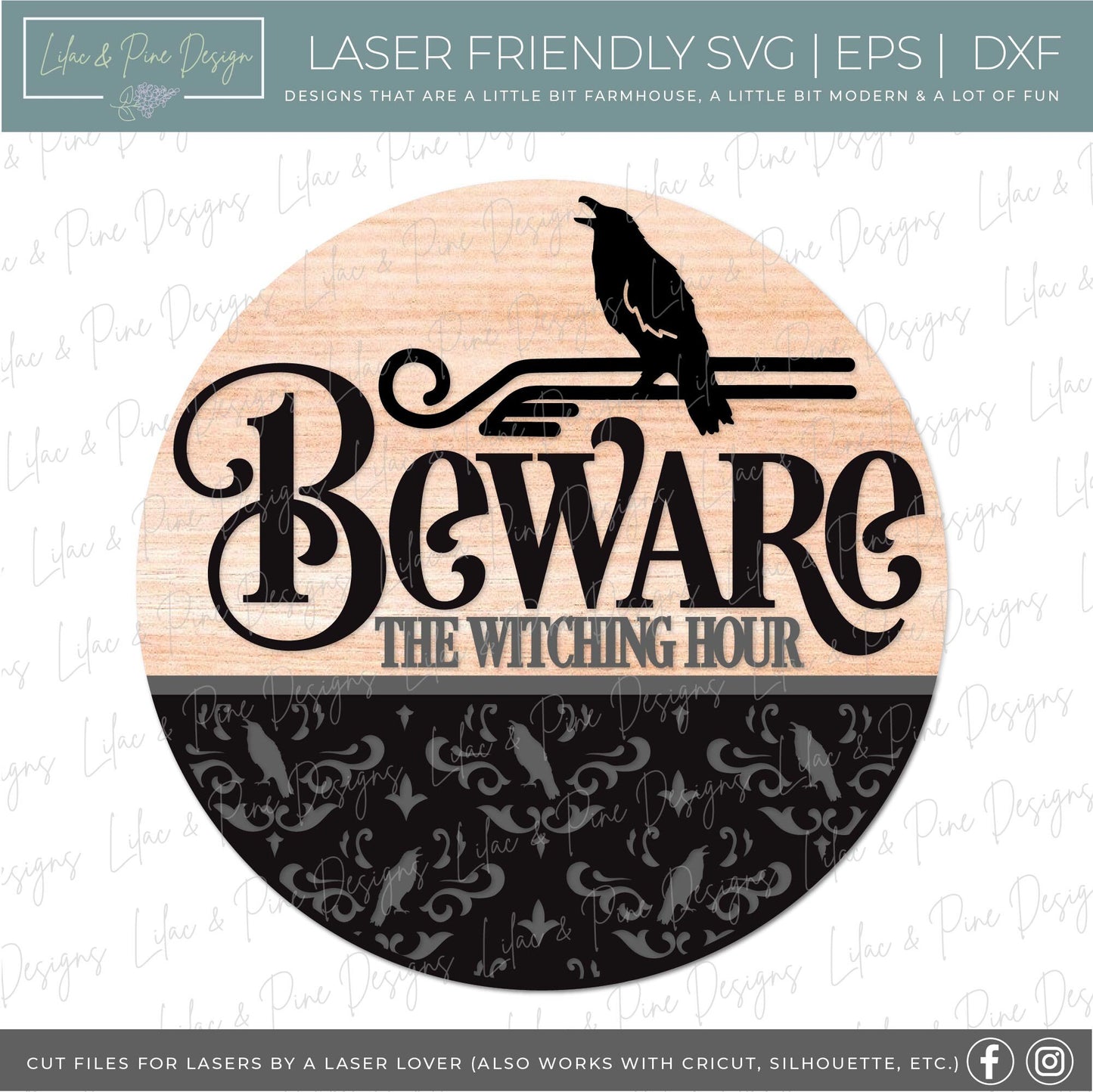 Beware the Witching Hour, spooky door hanger SVG, Halloween welcome sign SVG, raven front door sign, crow SVG, Glowforge Svg, laser cut file