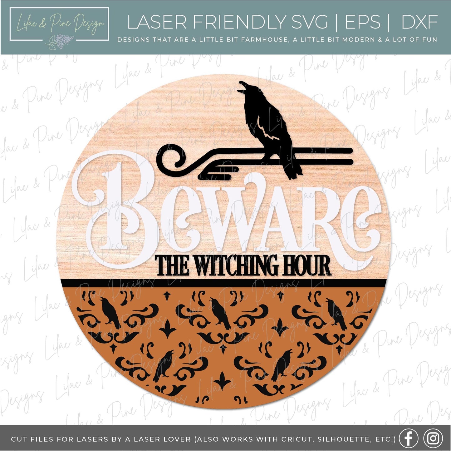 Beware the Witching Hour, spooky door hanger SVG, Halloween welcome sign SVG, raven front door sign, crow SVG, Glowforge Svg, laser cut file